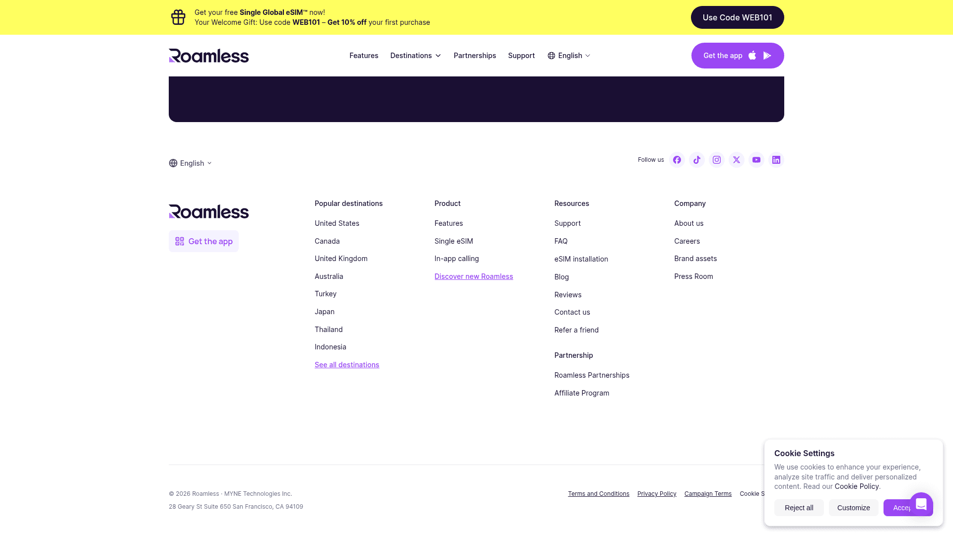 Roamless website screenshot
