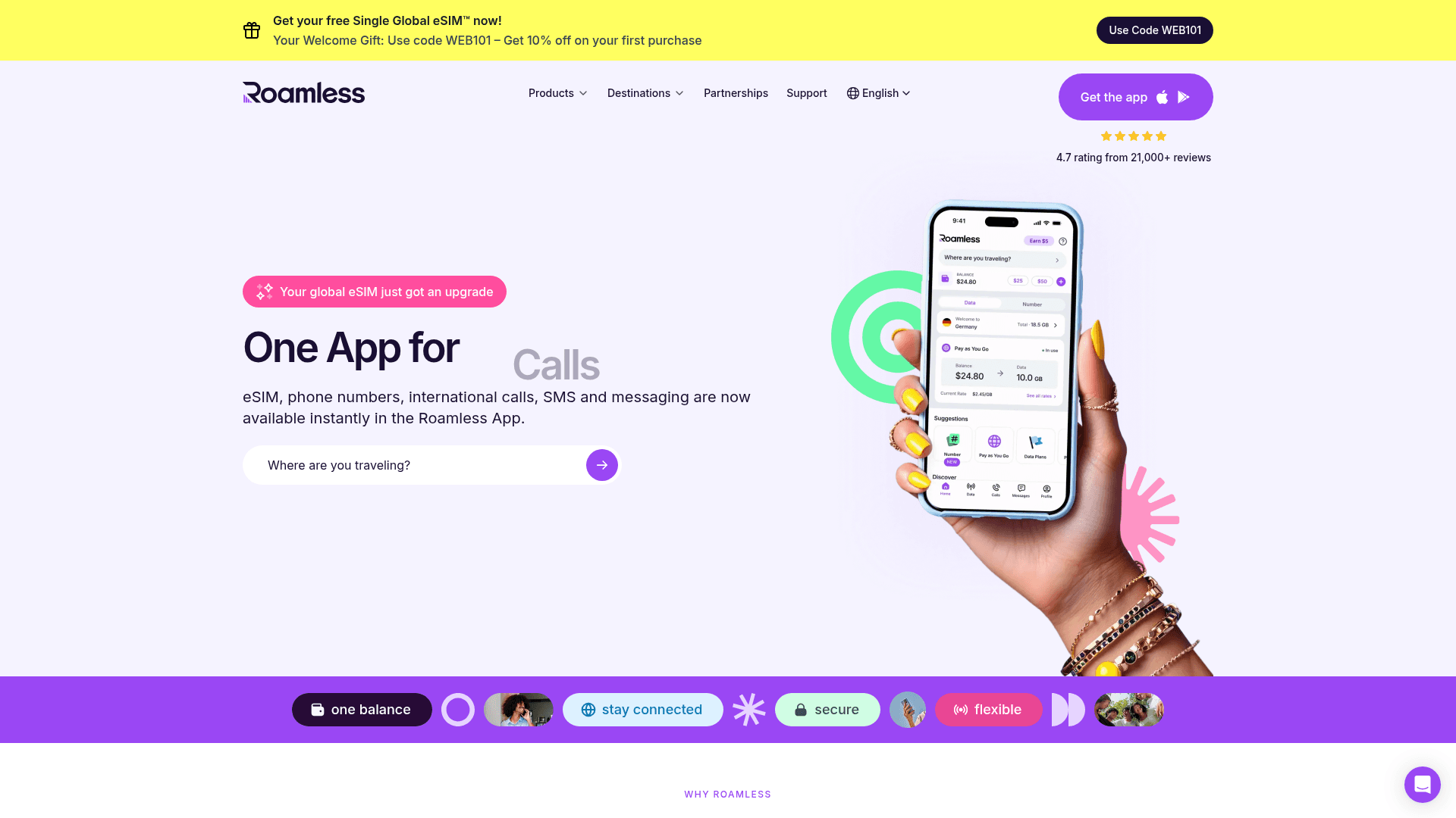 Screenshot of the Roamless homepage