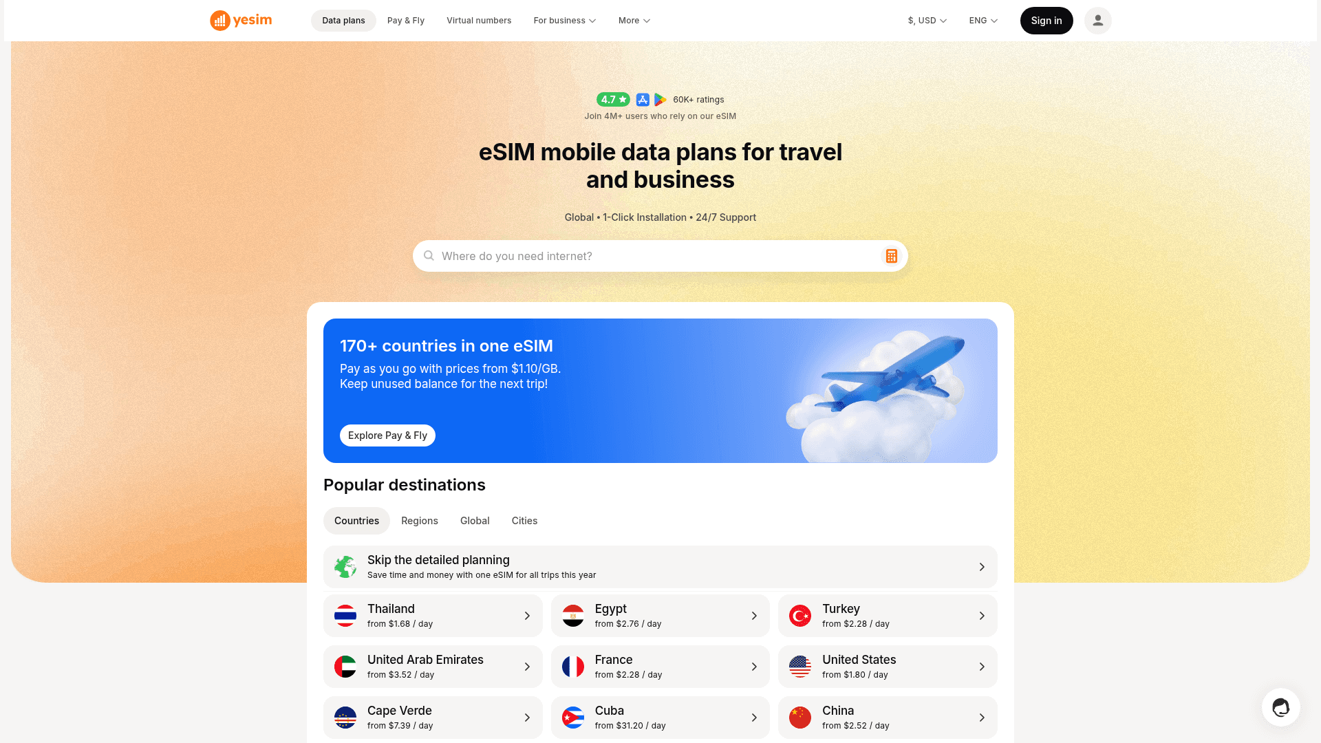 Screenshot of the YeSIM homepage