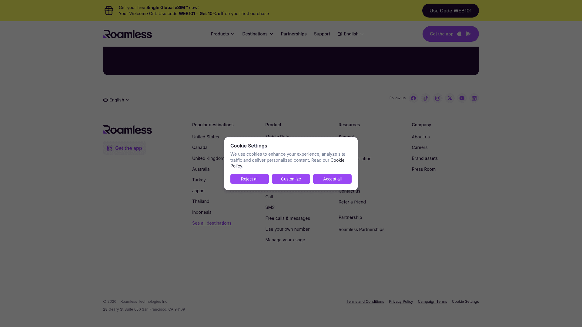 Roamless website screenshot