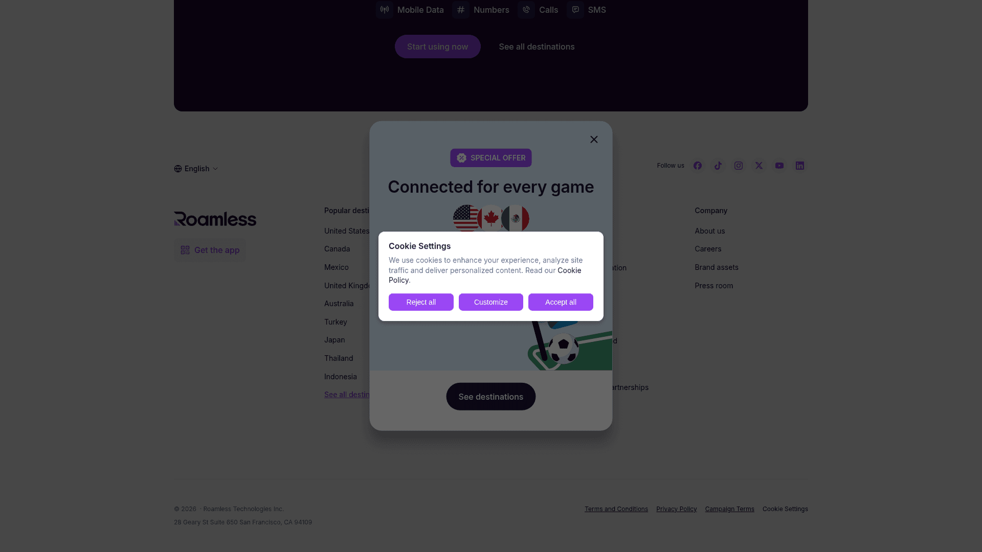 Roamless website screenshot