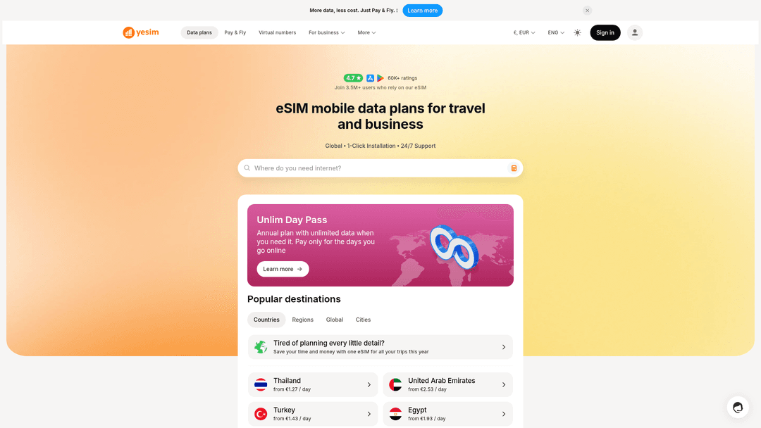 YeSIM website