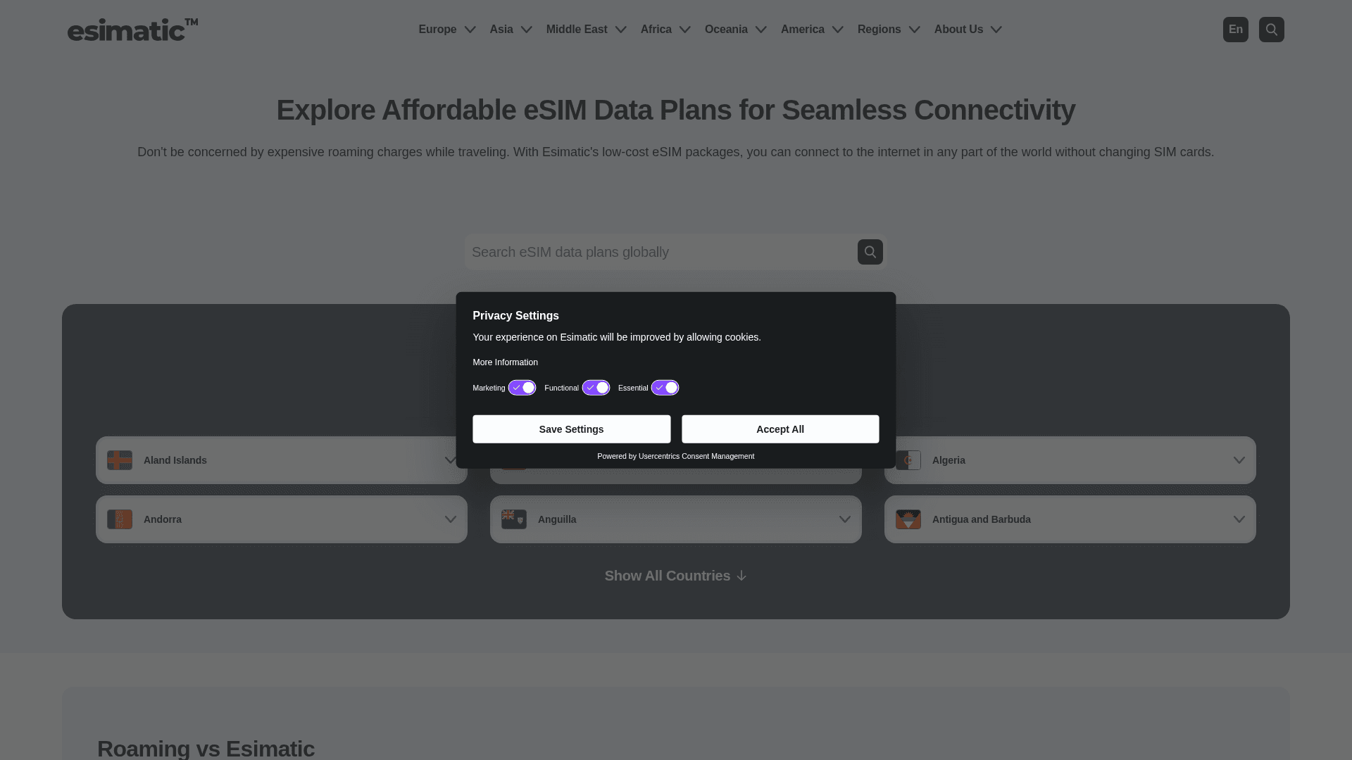 Screenshot of the Esimatic homepage