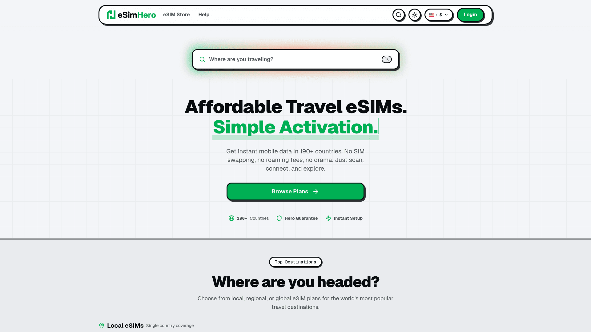 Screenshot of the eSimHero homepage