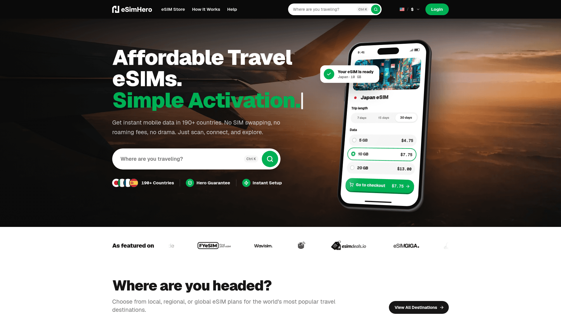 Screenshot of the eSimHero homepage