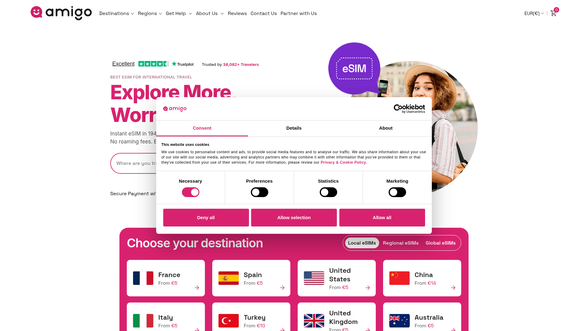 Screenshot of the AmigoSIM homepage