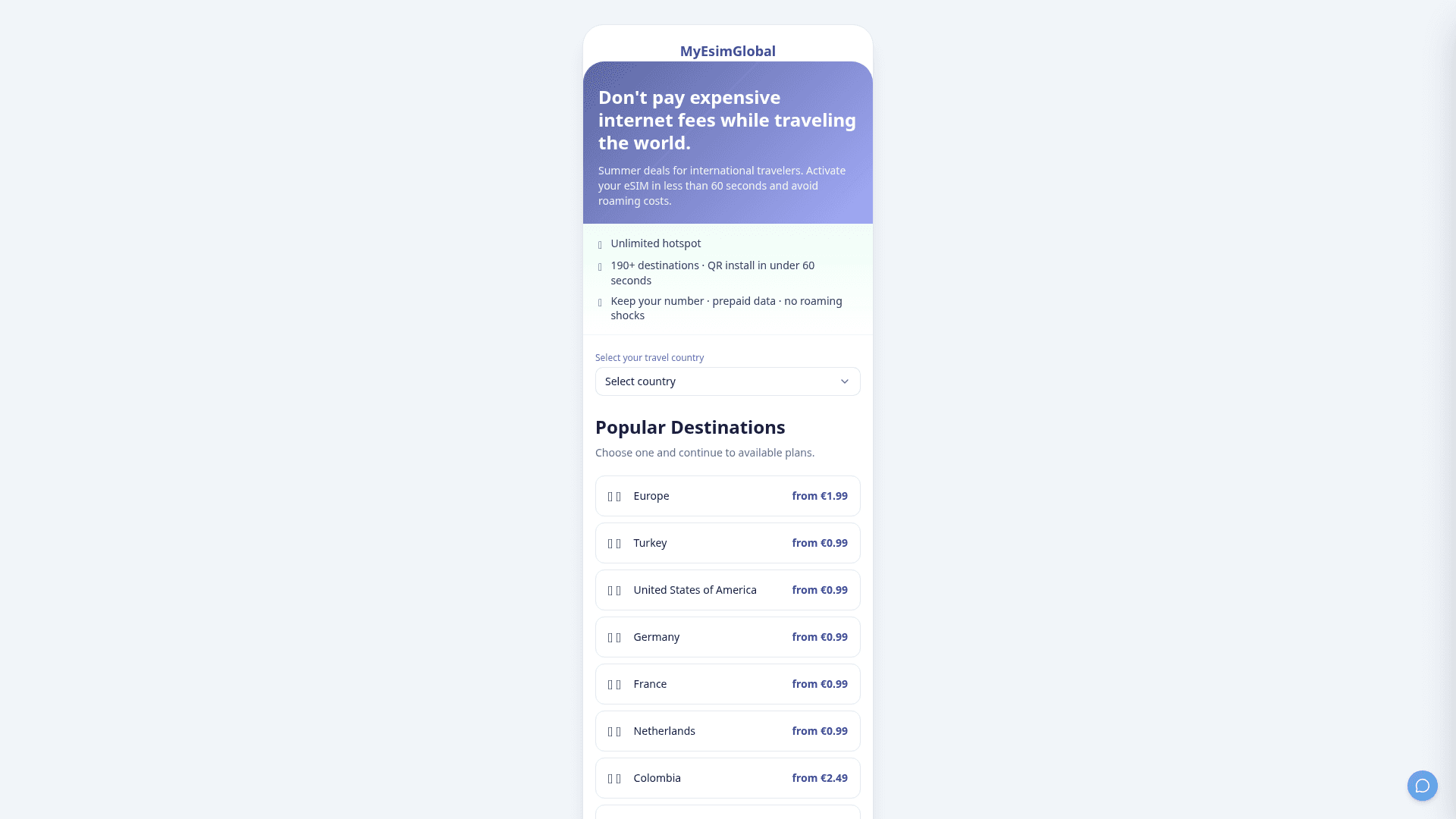 Capture d'écran de la page d'accueil de MyEsimGlobal