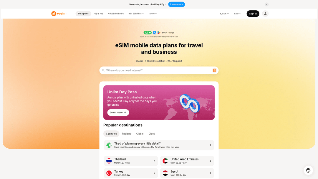 YeSIM website
