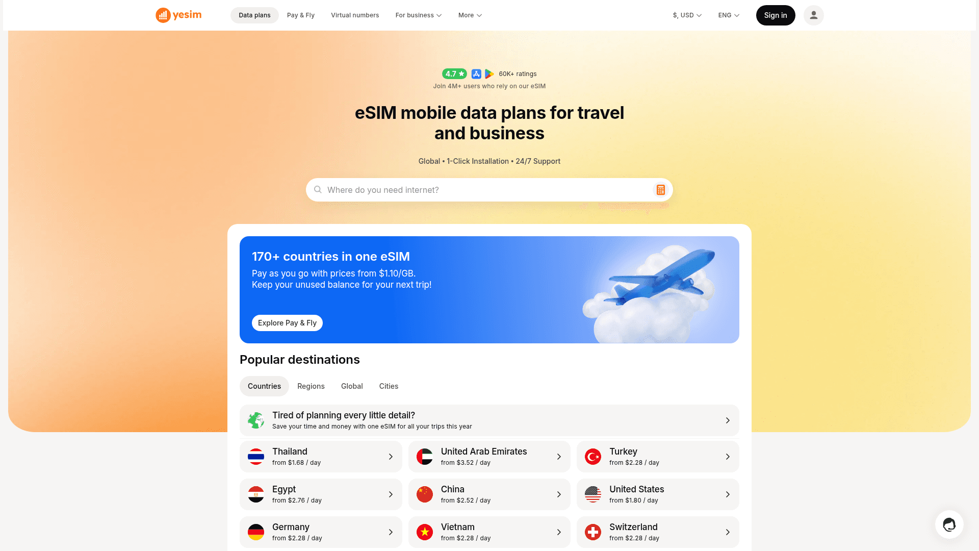 Screenshot of the YeSIM homepage
