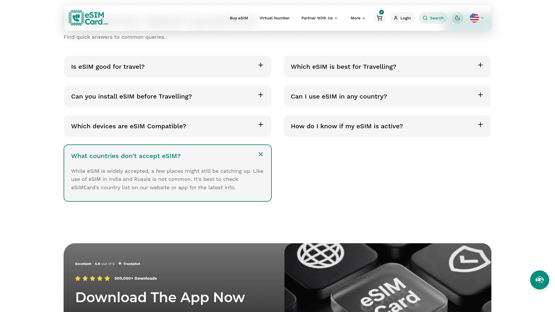 Screenshot of the eSimCard homepage