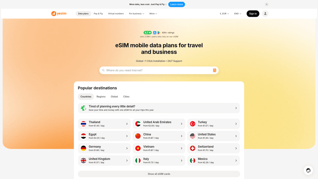 YeSIM website