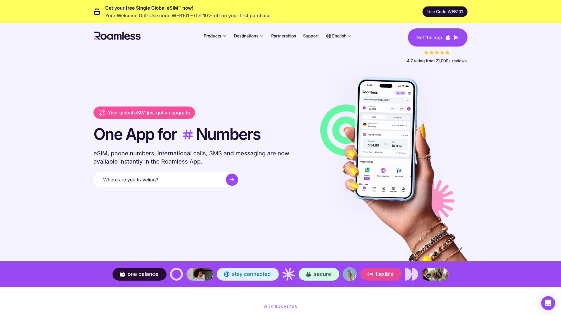 Screenshot of the Roamless homepage