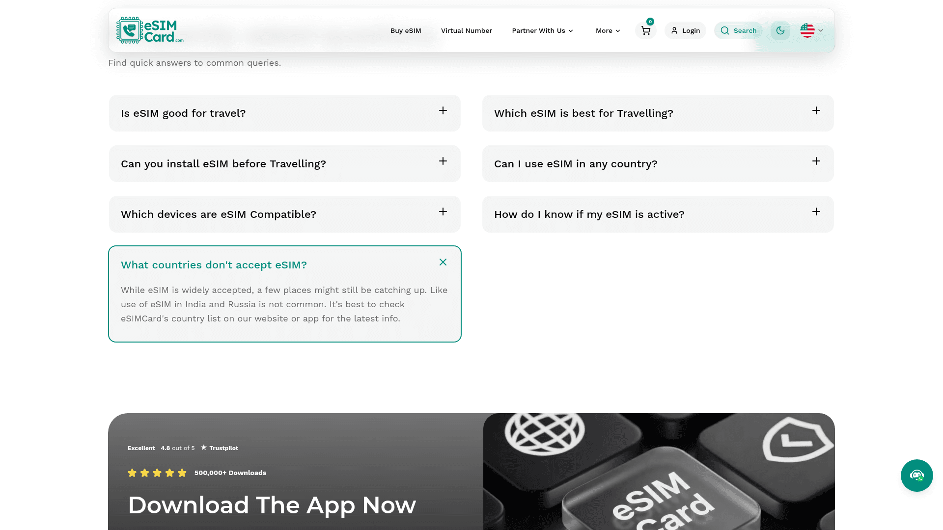 Capture d'écran du site web de eSimCard