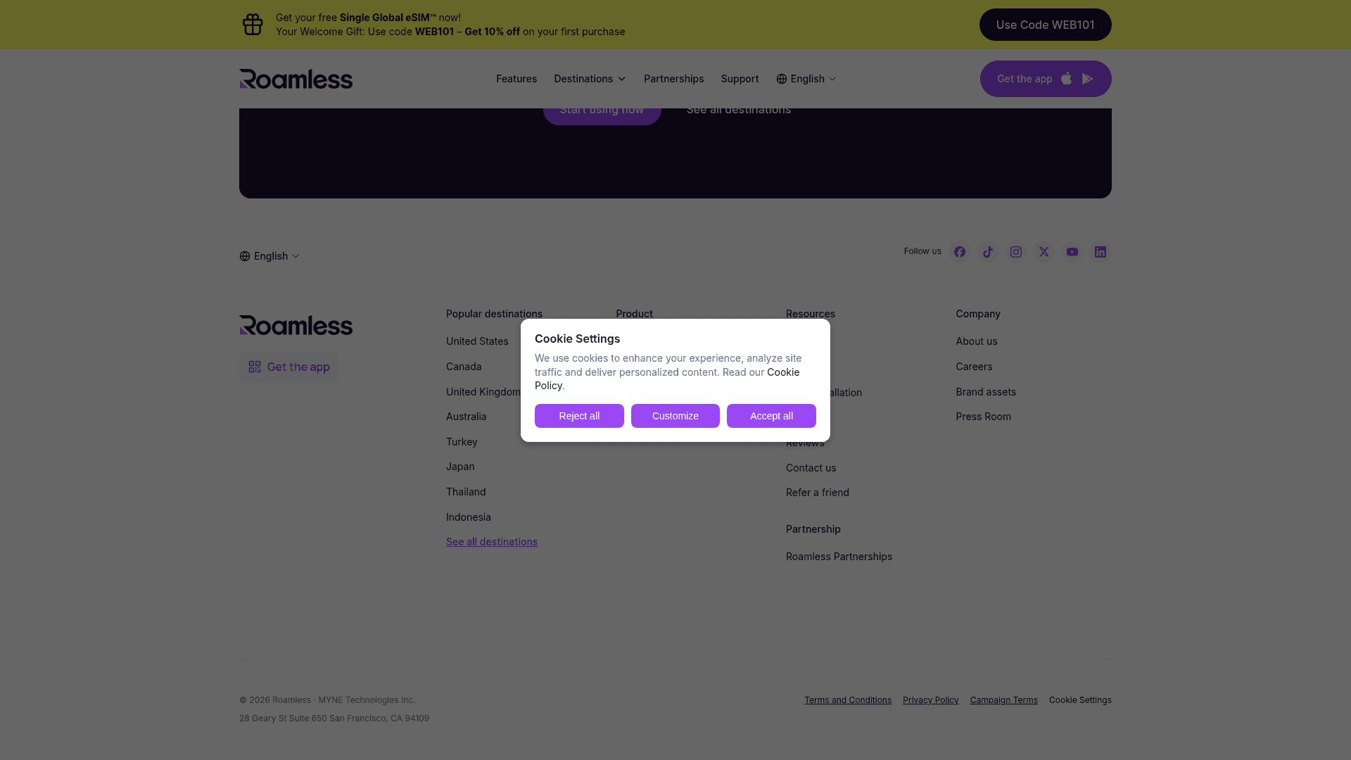 Roamless website screenshot