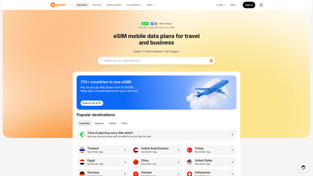 YeSIM website